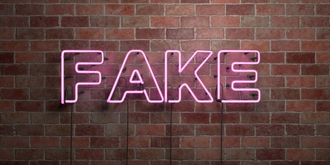 FAKE - fluorescent Neon tube Sign on brickwork - Front view - 3D rendered royalty free stock picture. Can be used for online banner ads and direct mailers..