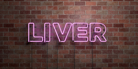 LIVER - fluorescent Neon tube Sign on brickwork - Front view - 3D rendered royalty free stock picture. Can be used for online banner ads and direct mailers..