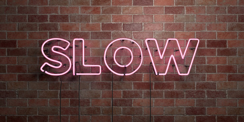 SLOW - fluorescent Neon tube Sign on brickwork - Front view - 3D rendered royalty free stock picture. Can be used for online banner ads and direct mailers..