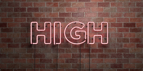 Fototapeta na wymiar HIGH - fluorescent Neon tube Sign on brickwork - Front view - 3D rendered royalty free stock picture. Can be used for online banner ads and direct mailers..