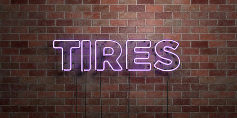 TIRES - fluorescent Neon tube Sign on brickwork - Front view - 3D rendered royalty free stock picture. Can be used for online banner ads and direct mailers..