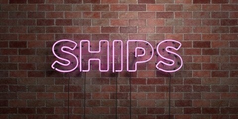 SHIPS - fluorescent Neon tube Sign on brickwork - Front view - 3D rendered royalty free stock picture. Can be used for online banner ads and direct mailers..