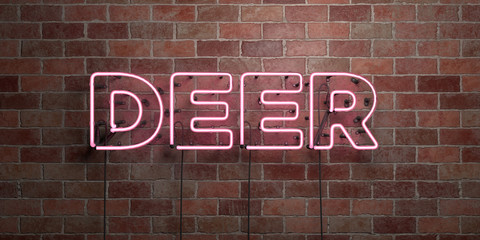 DEER - fluorescent Neon tube Sign on brickwork - Front view - 3D rendered royalty free stock picture. Can be used for online banner ads and direct mailers..
