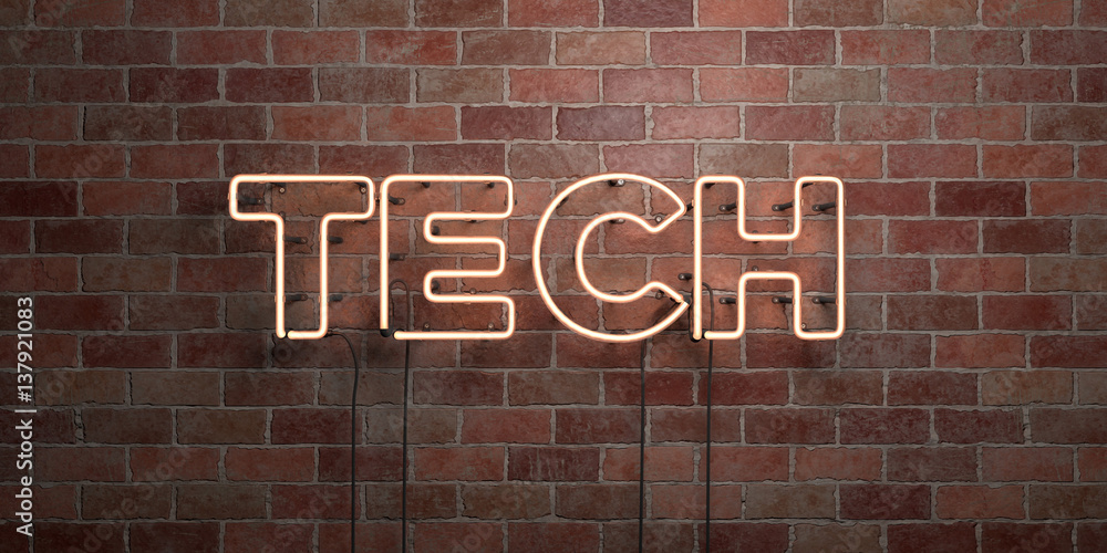 Fototapete TECH - fluorescent Neon tube Sign on brickwork - Front view - 3D rendered royalty free stock picture. Can be used for online banner ads and direct mailers..