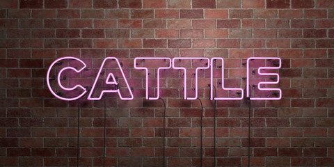 Obraz premium CATTLE - fluorescent Neon tube Sign on brickwork - Front view - 3D rendered royalty free stock picture. Can be used for online banner ads and direct mailers..