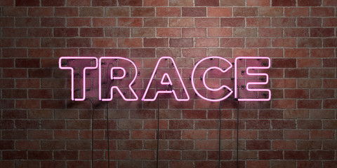 TRACE - fluorescent Neon tube Sign on brickwork - Front view - 3D rendered royalty free stock picture. Can be used for online banner ads and direct mailers..