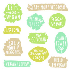 Grunge vegan labels. Vector hand drawn illustration