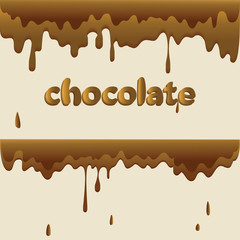 Melted chocolate and drops. Set. Design for the menu. Milk chocolate, cream, butter. Vector graphic with text.