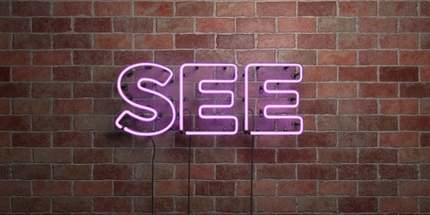 SEE - fluorescent Neon tube Sign on brickwork - Front view - 3D rendered royalty free stock picture. Can be used for online banner ads and direct mailers..