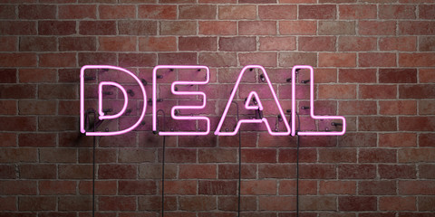 DEAL - fluorescent Neon tube Sign on brickwork - Front view - 3D rendered royalty free stock picture. Can be used for online banner ads and direct mailers..