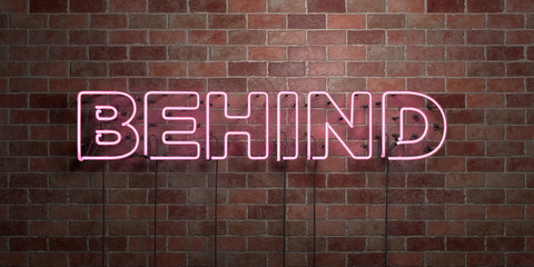 BEHIND - fluorescent Neon tube Sign on brickwork - Front view - 3D rendered royalty free stock picture. Can be used for online banner ads and direct mailers..