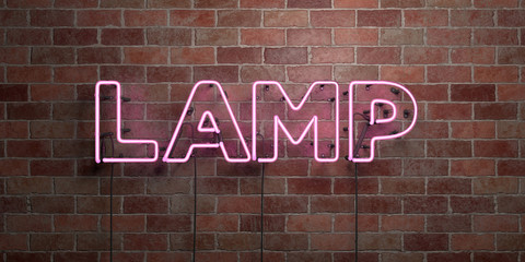 LAMP - fluorescent Neon tube Sign on brickwork - Front view - 3D rendered royalty free stock picture. Can be used for online banner ads and direct mailers..