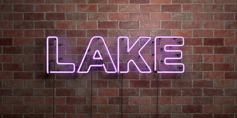 LAKE - fluorescent Neon tube Sign on brickwork - Front view - 3D rendered royalty free stock picture. Can be used for online banner ads and direct mailers..