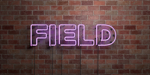 FIELD - fluorescent Neon tube Sign on brickwork - Front view - 3D rendered royalty free stock picture. Can be used for online banner ads and direct mailers..