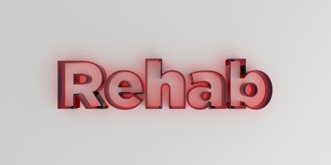 Rehab - Red glass text on white background - 3D rendered royalty free stock image.