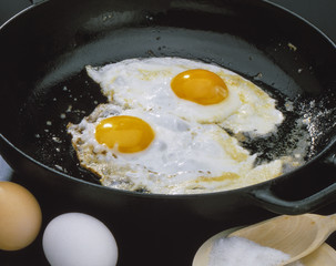 Fried eggs are fried in a pan