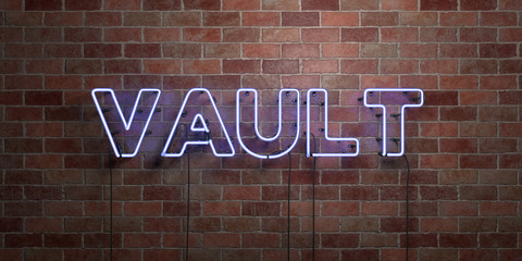 VAULT - fluorescent Neon tube Sign on brickwork - Front view - 3D rendered royalty free stock picture. Can be used for online banner ads and direct mailers..