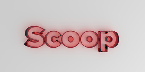 Scoop - Red glass text on white background - 3D rendered royalty free stock image.