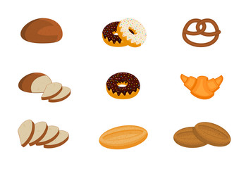 Set of vector illustrations with bakery products. Sweet bun, croissant, cake, donut isolated on white.