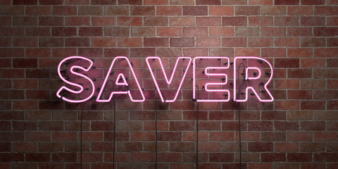 SAVER - fluorescent Neon tube Sign on brickwork - Front view - 3D rendered royalty free stock picture. Can be used for online banner ads and direct mailers..