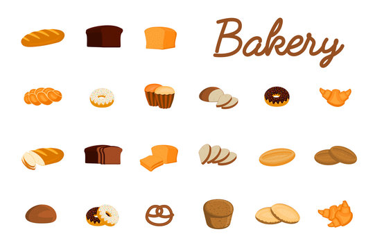 Set of vector illustrations with bakery products. Bread, sweet bun, cookies, croissant, cake, donut isolated on white.