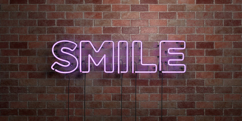 SMILE - fluorescent Neon tube Sign on brickwork - Front view - 3D rendered royalty free stock picture. Can be used for online banner ads and direct mailers..