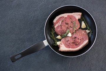 Sirloin chop and herbs in frying pan