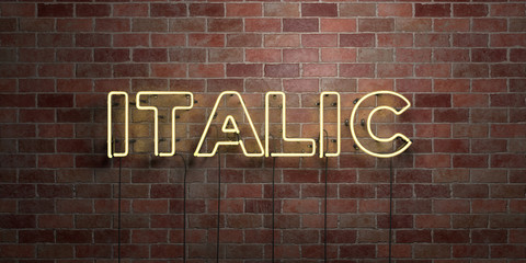 ITALIC - fluorescent Neon tube Sign on brickwork - Front view - 3D rendered royalty free stock picture. Can be used for online banner ads and direct mailers..