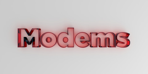 Modems - Red glass text on white background - 3D rendered royalty free stock image.