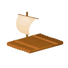 Wooden raft with sail. Vector Isolated Illustration - obrazy, fototapety, plakaty