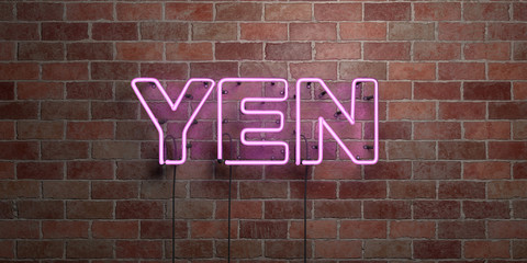 Obraz premium YEN - fluorescent Neon tube Sign on brickwork - Front view - 3D rendered royalty free stock picture. Can be used for online banner ads and direct mailers..
