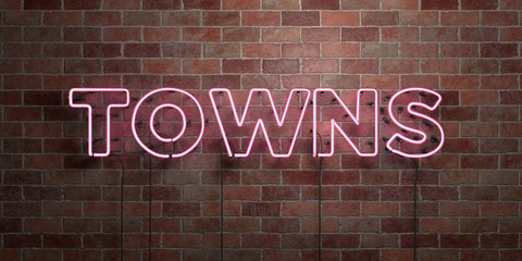 TOWNS - fluorescent Neon tube Sign on brickwork - Front view - 3D rendered royalty free stock picture. Can be used for online banner ads and direct mailers..