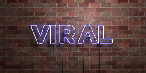 VIRAL - fluorescent Neon tube Sign on brickwork - Front view - 3D rendered royalty free stock picture. Can be used for online banner ads and direct mailers..