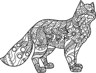 Zentangle fox on white background. Forest animal. Black and white lines. Freehand sketch for adult anti stress coloring book page with doodle and zentangle elements.