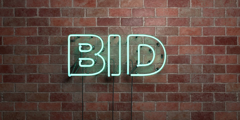 BID - fluorescent Neon tube Sign on brickwork - Front view - 3D rendered royalty free stock picture. Can be used for online banner ads and direct mailers..