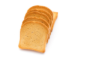 Slices of toast bread on wooden table, top view.