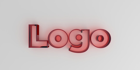 Logo - Red glass text on white background - 3D rendered royalty free stock image.