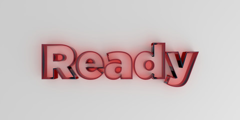 Ready - Red glass text on white background - 3D rendered royalty free stock image.