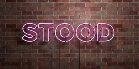 STOOD - fluorescent Neon tube Sign on brickwork - Front view - 3D rendered royalty free stock picture. Can be used for online banner ads and direct mailers..