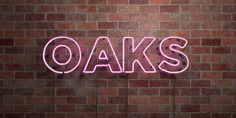 OAKS - fluorescent Neon tube Sign on brickwork - Front view - 3D rendered royalty free stock picture. Can be used for online banner ads and direct mailers..