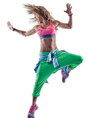 one caucasian woman exercising zumba fitness excercises dancer dancing in studio isolated on white...