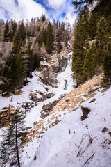 Saent waterfall, in Val di Rabbi, Trentino Alto Adige, covered by snow in a day with clear sky with few clouds. Trees are without snow. It a typical winter / spring mountain landscape/scenery