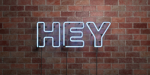 HEY - fluorescent Neon tube Sign on brickwork - Front view - 3D rendered royalty free stock picture. Can be used for online banner ads and direct mailers..