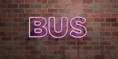 BUS - fluorescent Neon tube Sign on brickwork - Front view - 3D rendered royalty free stock picture. Can be used for online banner ads and direct mailers..