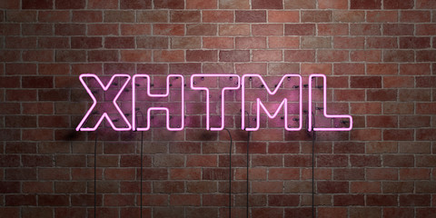 Obraz premium XHTML - fluorescent Neon tube Sign on brickwork - Front view - 3D rendered royalty free stock picture. Can be used for online banner ads and direct mailers..