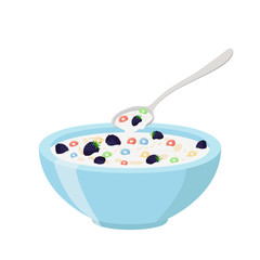 Cereal rings, blackberry, spoon and bowl. Oatmeal breakfast with milk