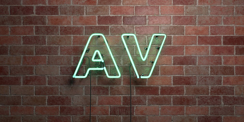 AV - fluorescent Neon tube Sign on brickwork - Front view - 3D rendered royalty free stock picture. Can be used for online banner ads and direct mailers..