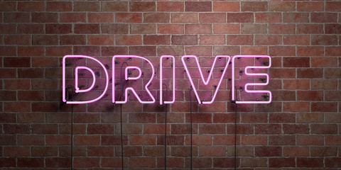 DRIVE - fluorescent Neon tube Sign on brickwork - Front view - 3D rendered royalty free stock picture. Can be used for online banner ads and direct mailers..
