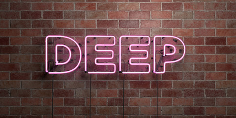 DEEP - fluorescent Neon tube Sign on brickwork - Front view - 3D rendered royalty free stock picture. Can be used for online banner ads and direct mailers..