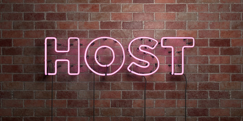 Fototapeta na wymiar HOST - fluorescent Neon tube Sign on brickwork - Front view - 3D rendered royalty free stock picture. Can be used for online banner ads and direct mailers..